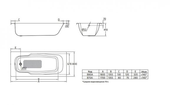 Ванна стальная ATLANTICA HG 180*80 3,5мм+ручки+ножки, BLB